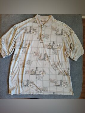 Vtg Paradise Blue AOP Lighthouse Polo Shirt Men 2XLT Floral Sailboat Nautical